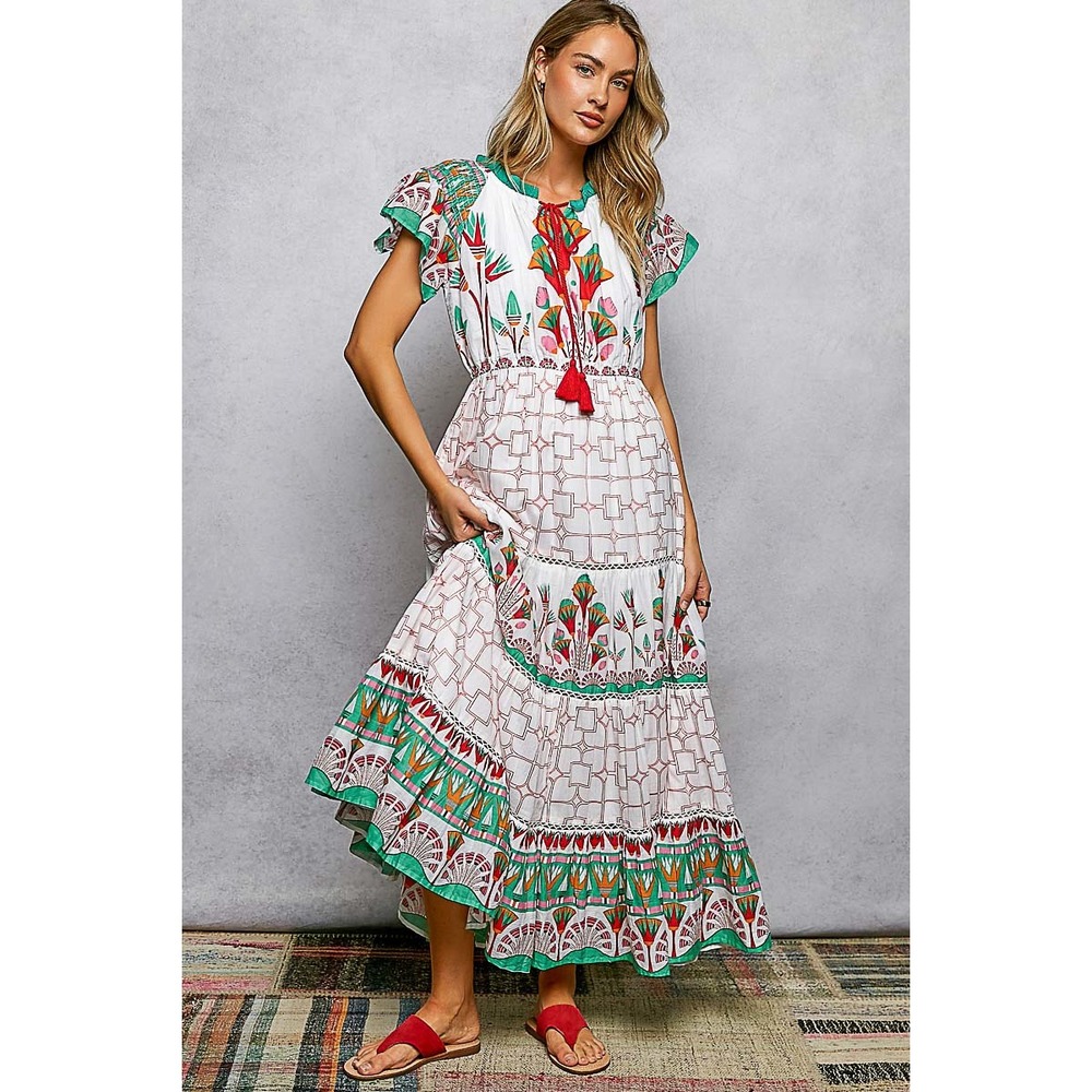 POL Hand Block Printed Cotton Tiered Midi Dress Flutter Sleeve Floral SMALL